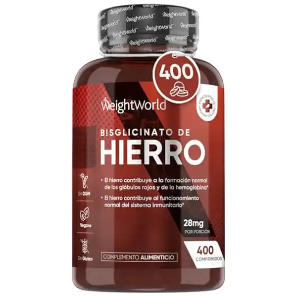 WeightWorld, suplemento de hierro Bisglicinato de alta absorción 28mg (400 comprimidos)