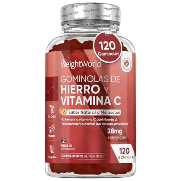 WeightWorld, suplemento de Hierro con Vitamina C, 28mg (120 gominolas sabor melocotón)