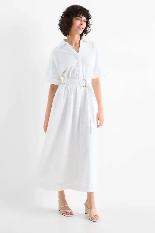 Vestido camisero con escote en pico y cinturón - bordado inglés