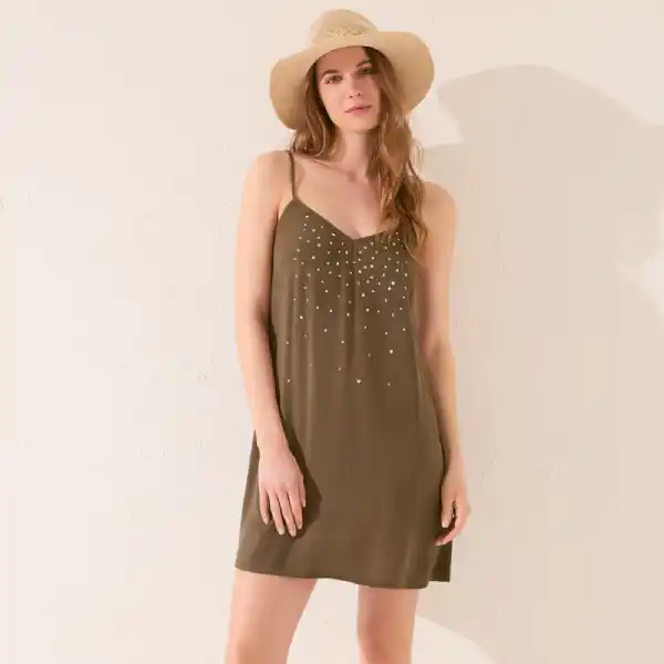Vestido corto tirantes kaki strass brillo