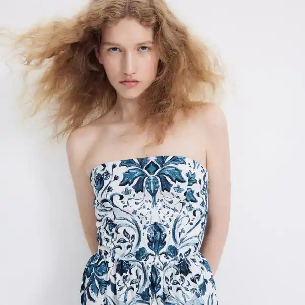 Vestido bandeau de algodón estampado azul