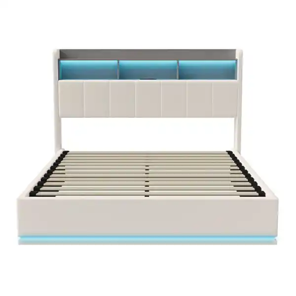 Cama con arcón, estanterías e iluminación led