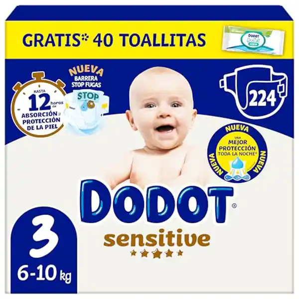 Dodot Sensitive, pack de 224 pañales + 1 pack de 40 toallitas de regalo